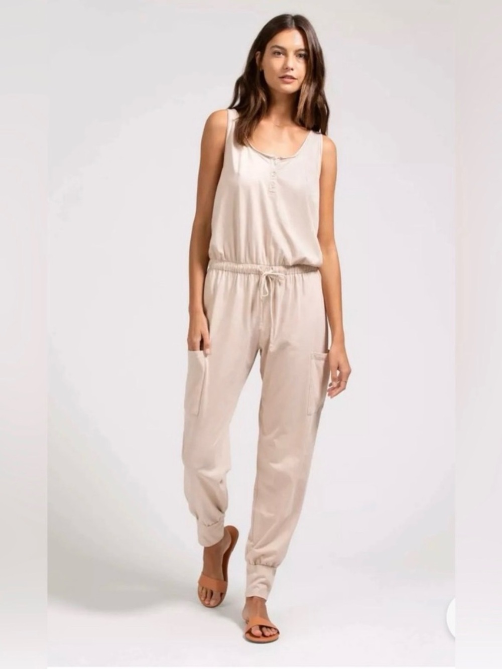Eberjey Beige / Pinkish Nude Sleeveless Tank Jogger Jumpsuit, Comfy, Cool, Small